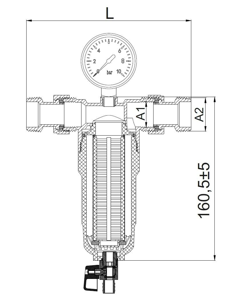 Filtr mechaniczny z płukaniem wstecznym manometrem i zaworem spustowym 3/4"